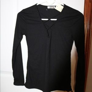 Black ribbed long sleeve with crisscross detail